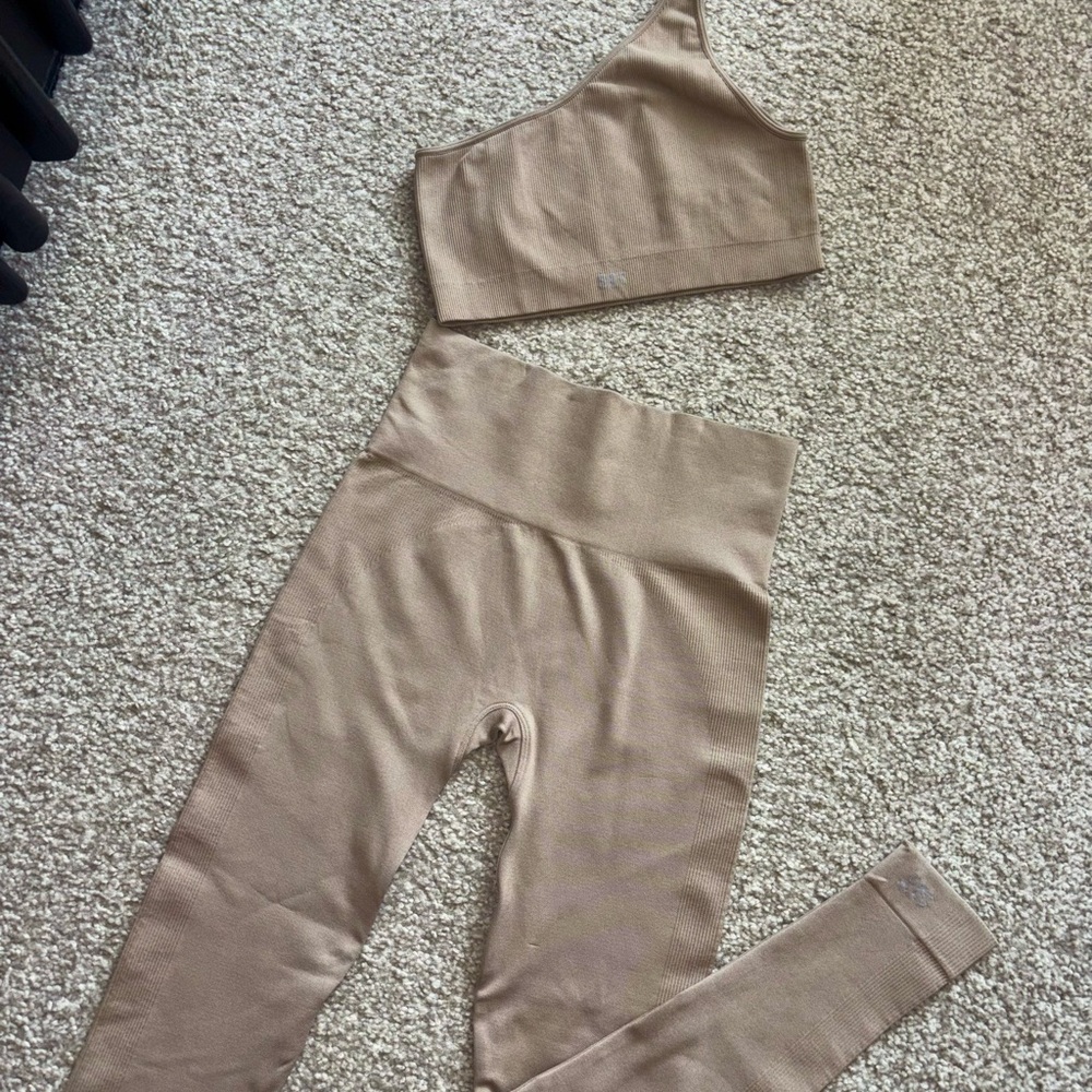 SET Active Beige One-Shoulder Crop Top & High-Waist Leggings